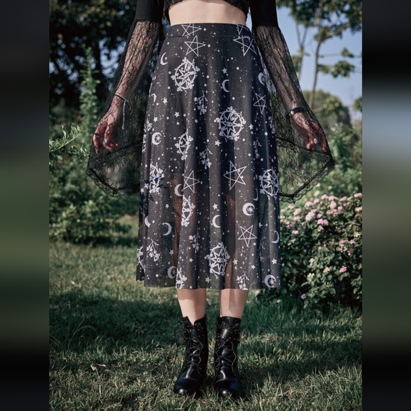 ROMWE Dresses & Skirts - ROMWE Goth Galaxy Print Mesh Overlay Midi Skirt